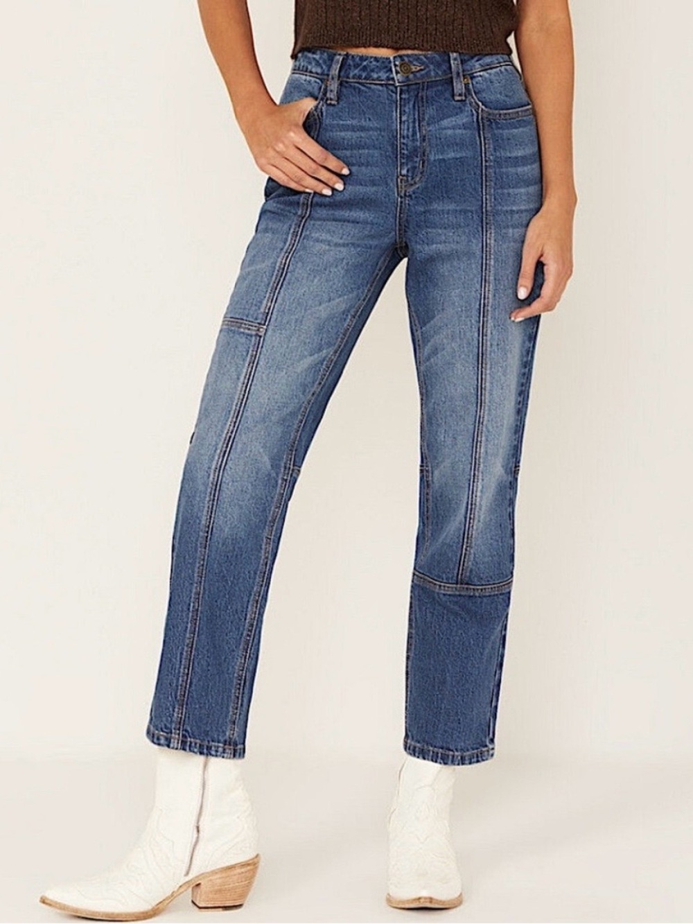 High-Rise Panel-Seam Women's Jeans in Medium Blue